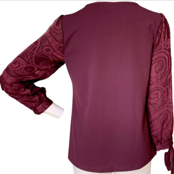Ann Taylor Factory Burgundy Blouse Floral Print Tie Sleeves Sz S #77H - Picture 5 of 7